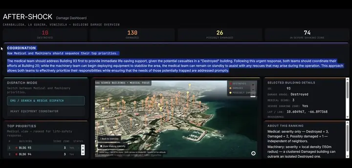 AFTERSHOCK demo clip: Responder dashboard into the spatial damage map